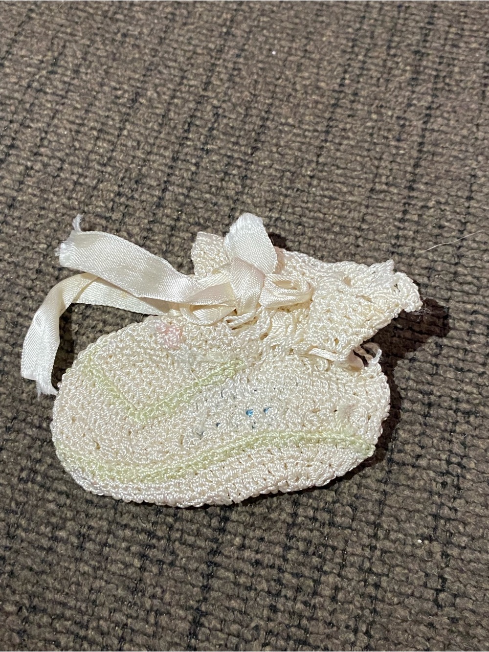 Vintage Crocheted Baby Bootie with Ribbon - Ivory